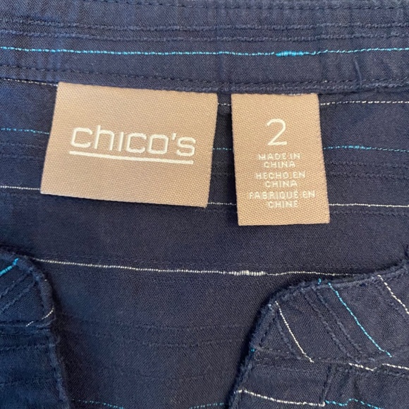 BUY 2 ITEMS & GET 1 FREE - Chico’s Navy Striped Short Sleeve Blouse Sz 12/L - Picture 5 of 7